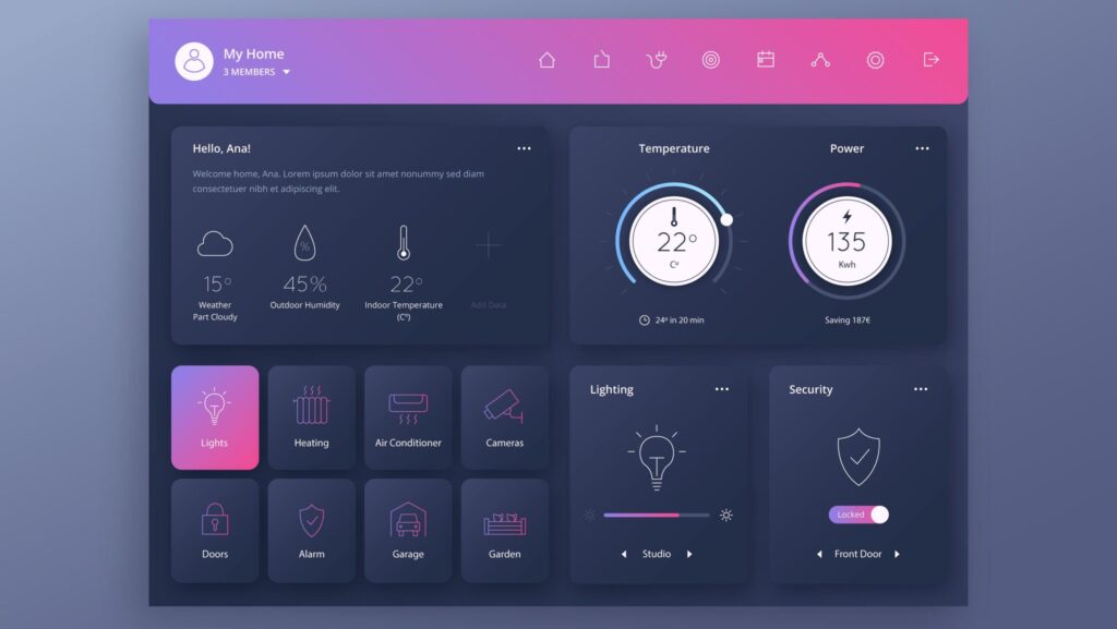 Smart home dashboard interface showing home status with temperature, power usage, lighting, security, and device controls in a dark-themed layout with gradient accents.