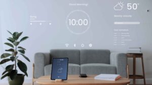 A smart home control interface is projected onto a minimalist living room wall above a grey sofa